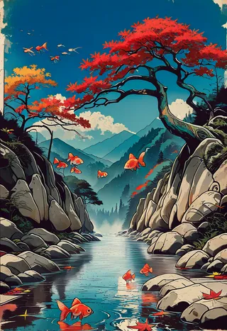 Scenic mountain river with textured rocks and trees in autumn leaves, goldfish swimming and flying, under a blue sky with clouds.
