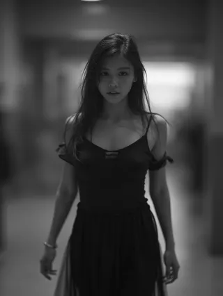 Black and white moody portrait of a Chinese girl with cinematic lighting and motion blur, eyes sharply focused using a tilt shift lens.