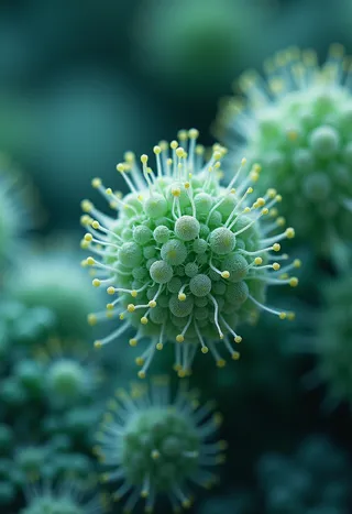 Highly detailed microscopic image of a cyanobacteria colony with visible individual cells and membranes, styled to resemble an old 35mm film photograph with grain and vignette.