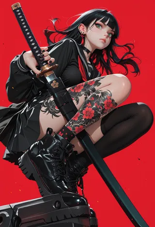 Stylized anime girl with black hair and green eyes dressed in a black outfit and thigh-high stockings holding a katana, displaying detailed red and black floral tattoos on her thigh against a red background.