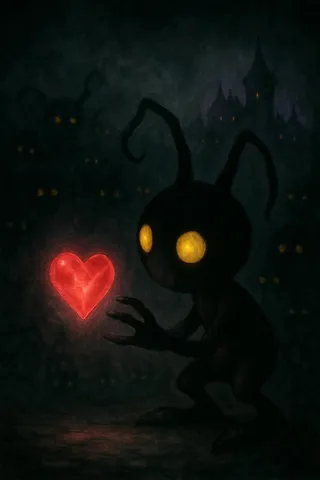 Shadowy heartless creature with large glowing yellow eyes reaching for a floating red glowing heart-shaped crystal, set against a dark background with faint ghostly figures and a purple outline of Traverse Town.