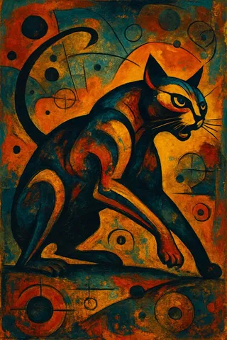A surrealist painting of a muscular feline in a side view, featuring biomorphic shapes and steampunk-inspired abstract textures, rendered with rich orange and blue hues.