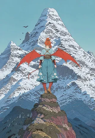 A lone girl with red demon wings and ombre hair stands on a rocky peak facing a towering snow-capped mountain, wearing a blue dress with flower prints.