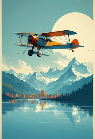 Digital illustration of a vintage orange biplane flying over a stylized cityscape beside a crystalline lake reflecting geometric mountains under a large, pale sun.