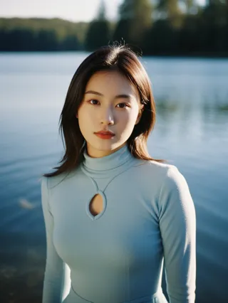 Portrait of a pretty girl with an oval face, wearing a blue turtleneck dress with a keyhole cutout, standing in a lake with a blurred background of trees and water, under soft natural light with film grain and bokeh effects.