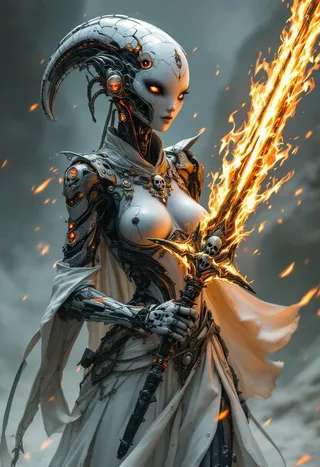 Partly mechanized female alien warrior wearing an exquisite dress and skull ornaments, holding a fiery burning sword with glowing eyes.