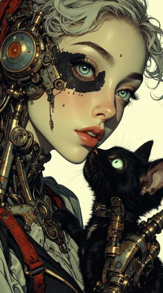 Close-up of a biomechanical girl with blue glowing eyes and metallic mechanical parts on her face and body, holding a black mechanical cat with glowing green eyes.