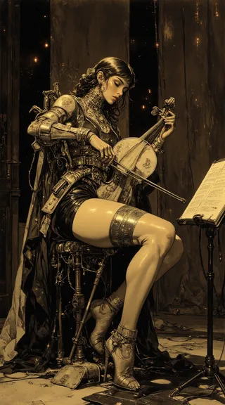 A detailed sepia and charcoal ink illustration of a biomechanical woman playing a string instrument, blending human and mechanical elements with clockwork limbs, seated on an intricate stool under dramatic lighting.