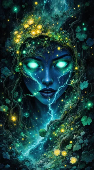 Mystical blue jungle face with glowing white eyes, surrounded by luminescent plants and flowers, with a waterfall flowing from an open mouth.