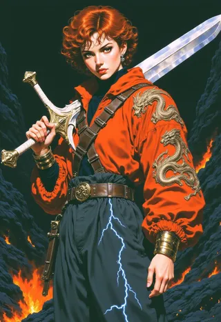 A highly detailed anime woman with short auburn hair wearing a burnt-orange jacket embroidered with dragons, holding a greatsword, standing in volcanic terrain with glowing magma fissures.