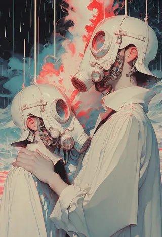 Two figures wearing white helmets and gas masks stand closely under abstract rain with surreal red and blue smoke, one hand resting on the other's shoulder.
