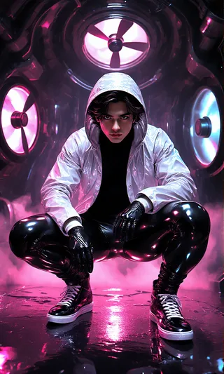 A male scientist crouching in a shiny raincoat and black spandex pants under electric purple and blue eclipse lighting inside a futuristic Skyreach Citadel environment with large fans in the background.
