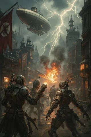 Steampunk warzone in the city of Aetherion showing airships, automatons, and steam-powered exosuits battling amid explosions and lightning strikes.