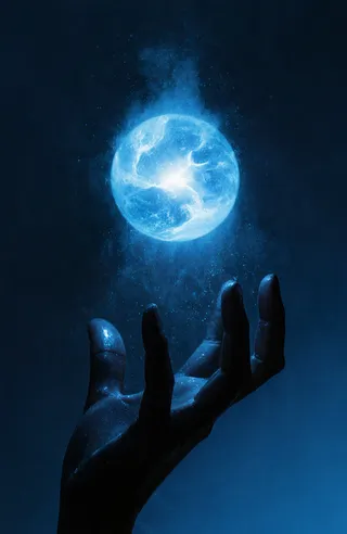 Glowing blue energy sphere with a bright white core surrounded by a translucent aura hovering above a dark silhouetted hand against a deep blue background with misty particles and soft illumination.