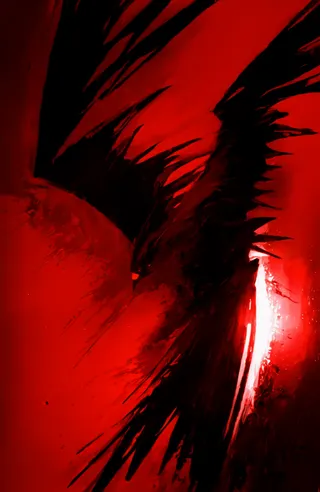 Abstract digital painting of a dark bird silhouette with outstretched sharp feathers against a vivid red background, illuminated by a glowing white light on the right.