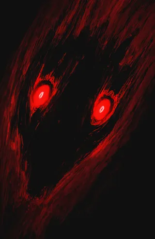 Digital painting of a dark, menacing figure with glowing red eyes on a black background, featuring swirling red and black streaks with a rough texture