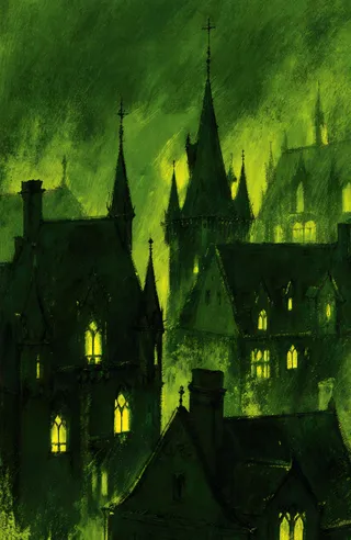 Dark Gothic-style castle village at night illuminated by greenish-yellow light with glowing windows and tall spires silhouetted against a misty sky.