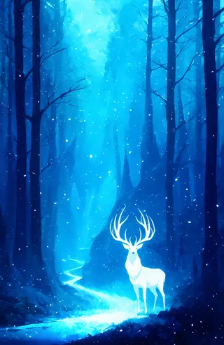 White deer with large intricate antlers standing in a glowing blue forest illuminated by a luminescent blue path and ethereal light with sparkling particles.