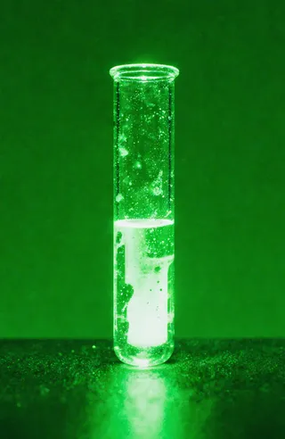 A glowing green test tube filled halfway with a bright green luminous liquid, showing condensation in the upper clear half, against a solid green background.