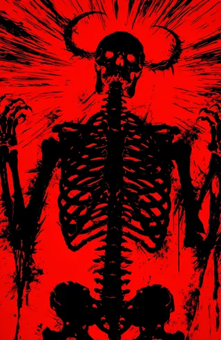 Digital illustration of a black skeletal figure with curved horns and clawed hands, set against a bright red background with radiating black streaks and splatters.