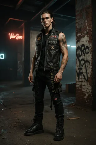 Model in urban fashion wearing sleeveless black leather jacket with tactical patches, distressed black jeans with tactical straps, and combat boots, standing near graffiti wall in dim alley.