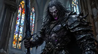 A cursed fallen knight with ashen cracked skin glowing with violet light, wearing shattered blackened armor adorned with runes, holding a massive cracked greatsword, standing in a cathedral with broken stained glass windows casting stained light.