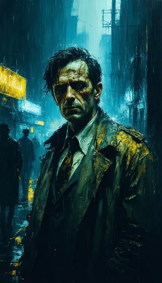 Oil painting of a disheveled detective with a gaunt face and bloodshot eyes, wearing a stained trench coat in a dark, rainy post-soviet city with neon Cyrillic signs.
