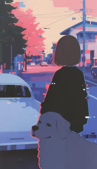 Glitch art styled painting showing an adult girl with short hair and a large dog standing outdoors on a street with houses, cars, and trees in the background.