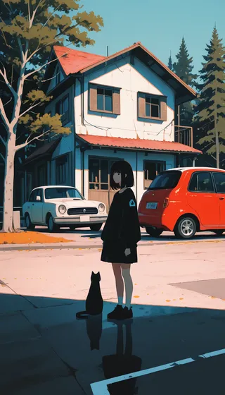 A young girl with dark hair stands outdoors next to a black cat in front of a two-story house with two parked cars, casting clear shadows on the ground.
