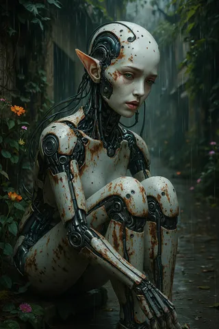 Realistic female android with rusty white body armor and mechanical joints sitting in the rain on a cobblestone path, surrounded by ivy, wild flowers, and leaves.