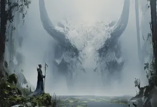 A lone elven woman in a flowing robe stands at the mossy edge of a mist-covered forest pond, holding a tall staff, facing the massive head of a colossal serpent emerging from the water in a foggy, forest environment.