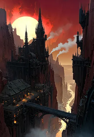 A dark Martian mechanicum city built into a sheer canyon wall under a red sky with a dim setting sun, featuring smoking chimneys, narrow streets, and air bridges.