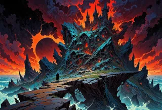 A dark fantasy scene showing a jagged, eldritch castle atop nightmare spires under an ominous blood-red sky with a crescent moon, glowing windows, and a lone figure approaching across a cracked pathway.