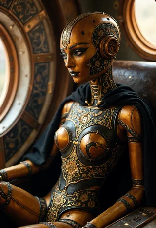 An ancient female robot with intricate gold and black detailing, wearing a black cape, seated inside a spacecraft by a large porthole window.