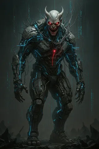A cyberpunk monster concept art featuring a demonic humanoid figure with glowing red eyes, mechanical armor, and blue circuit-like patterns on a dark background.