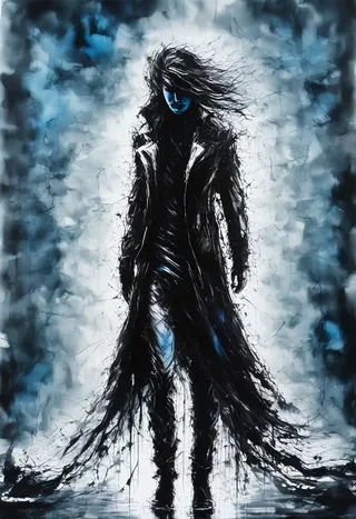 A mysterious woman with long hair in a dark trenchcoat stands amid chaotic ink lines and blue lighting in an abstract urban street setting.