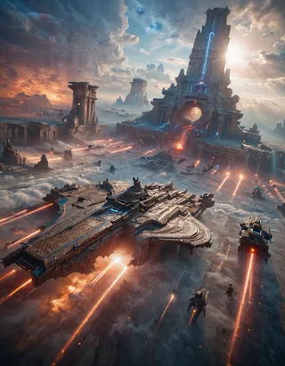 Epic scene of colossal ancient ruins surrounded by dense mist with multiple massive flying warships emitting fiery trails and a towering mystical structure in the background under dramatic sky lighting.