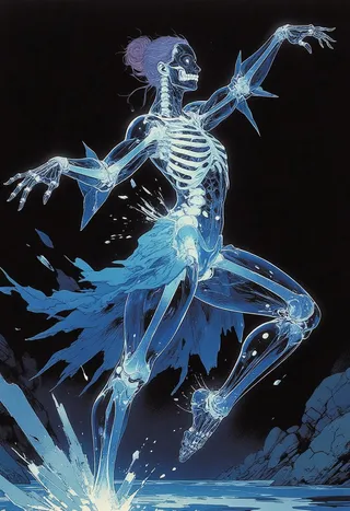 Transparent female dancer with a visible glass skeleton and glowing bioluminescent marrow, pirouetting with cracked skin reforming like ice against a dark background.