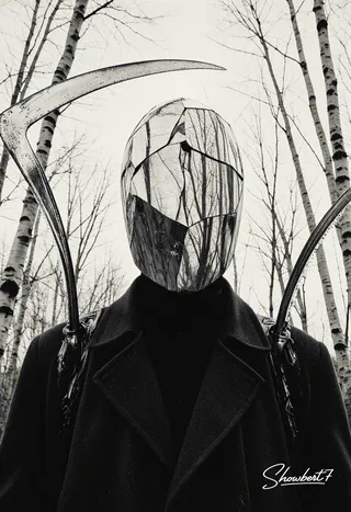 Black and white photo of a towering figure in a black overcoat with a cracked mirror head reflecting a birch forest, holding skeletal glass scythes in a stark silhouette.
