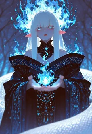 A lamia with long white hair and pointy ears holds a glowing blue fire in her hands, wearing an elaborate black kimono with detailed patterns, set against a cinematic dark forest background.