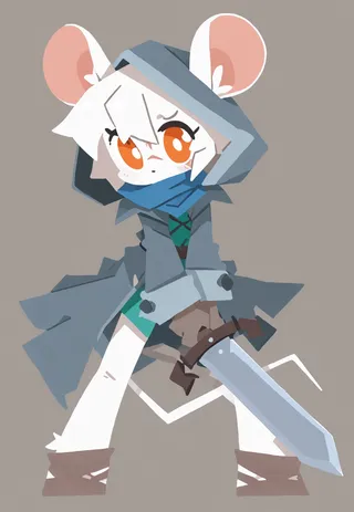 Chibi anthro mouse girl with white fur and orange eyes wearing a hooded coat, blue scarf, holding a sword in battle pose with thick black lineart.