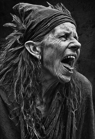 Hyper detailed monochrome portrait of a blind witch screaming in profile, showing wrinkled skin, sharp fangs, elongated ears, wild hair with feathers, and tattered clothing.