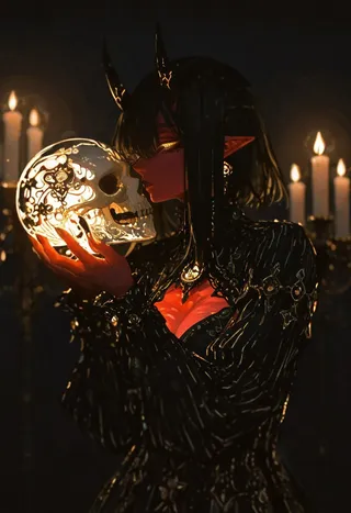 A dark red-skinned demon girl with black straight horns and long black hair, wearing an intricately detailed mourning dress, holding and kissing an ornately decorated skull, illuminated by glowing candlelight in a dim room.
