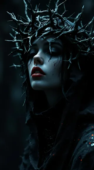 A hyperrealistic portrait of a mysterious woman wearing a massive twisted crown of thorns and barbed spikes, her cracked porcelain skin, red lips, and dark ceremonial robes highlighted by low-key cinematic lighting.