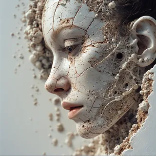 Side profile of a hyperrealistic cracked face sculpture with porcelain texture and fine particulate debris, inspired by HR Giger style.