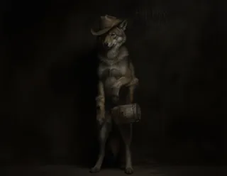 A young gray wolf stands upright against a dark textured wall, wearing a slightly worn cowboy hat, holding a small handmade drum, with a faint 'Happy Birthday!' message chalked on the wall behind.