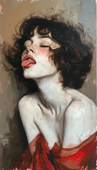 Expressionist portrait of a young woman with dark brown tousled hair, eyes closed, tongue playfully sticking out, draped in sheer red fabric against a muted, textured background.