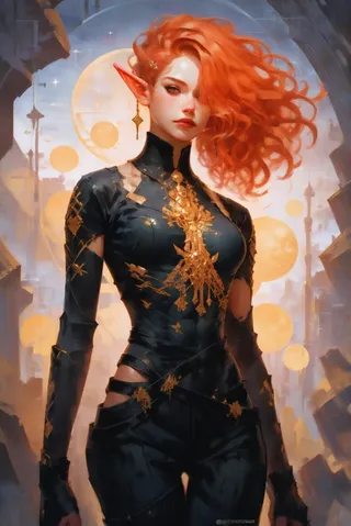 A fantasy elf woman with striking red-orange curly hair covering one eye, dressed in black with golden ornamental armor details, standing in a dystopian sky metropolis.