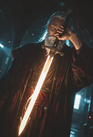 An old man with a white beard holding a glowing sword in a dark, detailed environment with dramatic lighting and cinematic color tones.