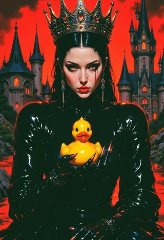 Portrait of an evil queen wearing a black latex dress and a jeweled rubber crown, holding a yellow rubber ducky with sharp claw-like nails against a red sky and twisted fairytale castle background.
